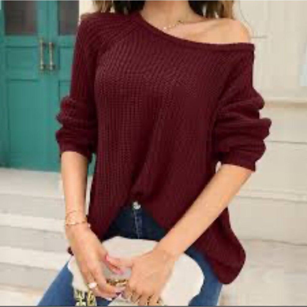 Unbranded Women Chunky Burgundy Long Sleeve Back Zip Detail Sweater Size M